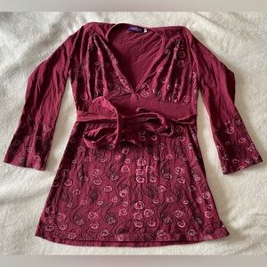 Roxy Lama | Burgundy Y2K Tie-Front Floral Top